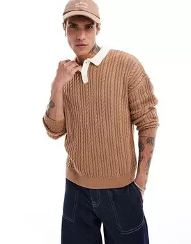 Светло-коричневая рубашка-поло свободной вязки косой вязки ASOS DESIGN