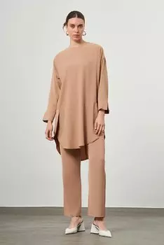 Светло-коричневая туника с фактурным узором и карманами Mizalle