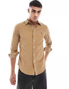 Светло-коричневая вельветовая рубашка узкого кроя с логотипом бренда Polo Ralph Lauren