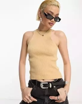 Светло-коричневая вязаная футболка с воротником-борцовкой без рукавов ASOS