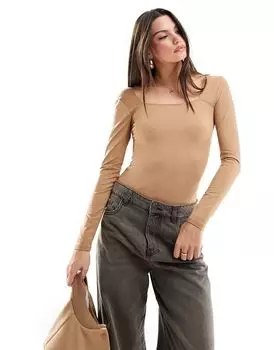 Светло-коричневое бесшовное боди с квадратным вырезом Hollister