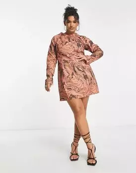 Светло-коричневое хлопковое мини-платье со съемными рукавами-фонариками ASOS DESIGN Curve