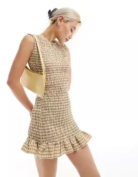 Светло-коричневое клетчатое платье мини с оборками Daisy Street