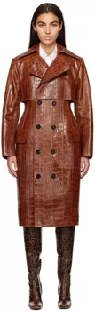 Светло-коричневое кожаное пальто с тиснением под крокодила Bottega Veneta