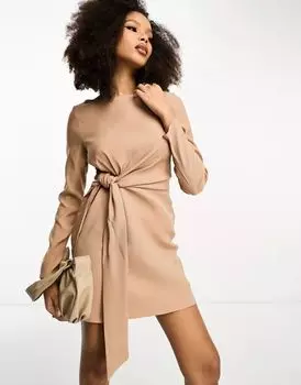 Светло-коричневое мини-платье с длинными рукавами и разрезом на завязке спереди ASOS Design