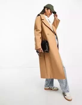 Светло-коричневое непринужденное двубортное пальто оверсайз River Island