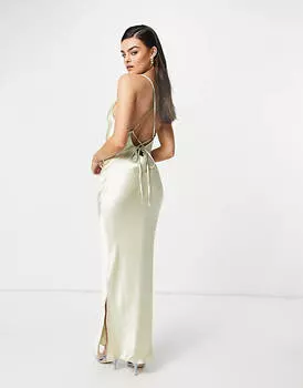 Светло-коричневое платье-комбинация макси на бретелях ASOS DESIGN из блестящего атласа со шнуровкой сзади