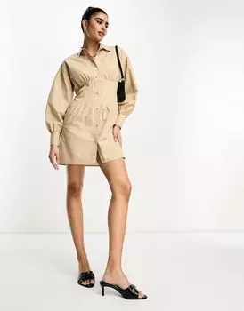 Светло-коричневое платье-корсет с короткими рукавами-фонариками ASOS DESIGN