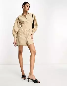 Светло-коричневое платье-рубашка мини с корсетом и объемными рукавами ASOS
