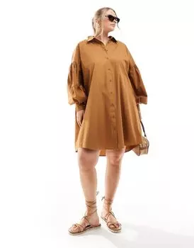 Светло-коричневое платье-рубашка мини с объемными рукавами ASOS DESIGN Curve Ultimate бойфренд