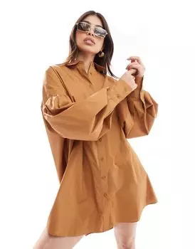 Светло-коричневое платье-рубашка мини с объемными рукавами ASOS DESIGN Ultimate бойфренд