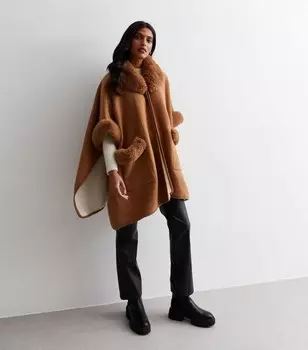Светло-коричневое пончо с отделкой из искусственного меха Gini London Gini London, светло-коричневый