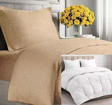 Светло-коричневое пуховое одеяло CGK Unlimited с пододеяльником (размер Twin/TXL) — Очень мягкий пододеяльник с 1 наволочкой — Альтернативное белое пуховое одеяло — Роскошный постельный комплект