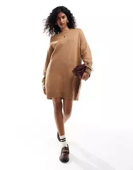 Светло-коричневое трикотажное мини-платье-свитер с круглым вырезом ASOS DESIGN