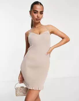 Светло-коричневое трикотажное платье мини Miss Selfridge в рубчик с отделкой стразами