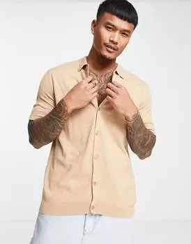 Светло-коричневое вязаное поло средней плотности ASOS DESIGN на пуговицах