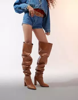 Светло-коричневые кожаные ботфорты на каблуке ASOS DESIGN Kiki премиум-класса