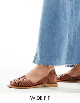 Светло-коричневые кожаные плетеные сандалии на плоской подошве ASOS DESIGN Wide Fit Francisco