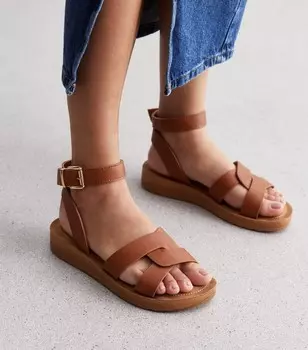 Светло-коричневые кожаные сандалии с широкой посадкой, состоящие из двух частей New Look, светло-коричневый
