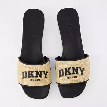 Светло-коричневые шлепанцы с логотипом и ремешками из рафии DKNY