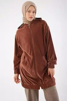 Светло-коричневый бархатный кардиган на молнии с капюшоном ALL DAY