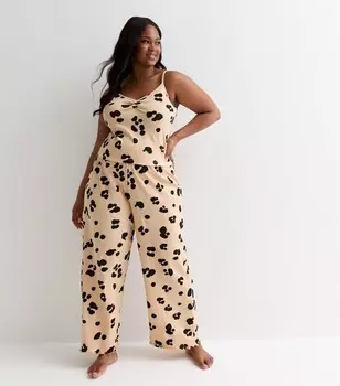 Светло-коричневый хлопковый пижамный комплект на бретельках Curves с леопардовым принтом New Look, коричневый