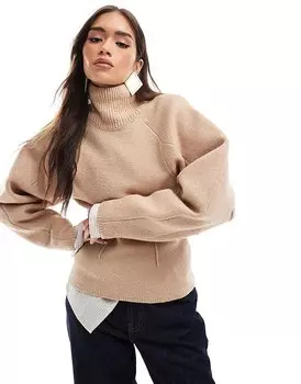 Светло-коричневый свитер с высоким воротником и структурированными рукавами ASOS DESIGN