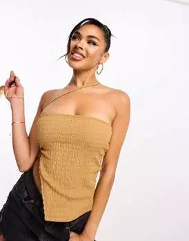 Светло-коричневый топ-бандо из фактурного кружева ASOS DESIGN с бретелькой на плечо и асимметричным разрезом по подолу