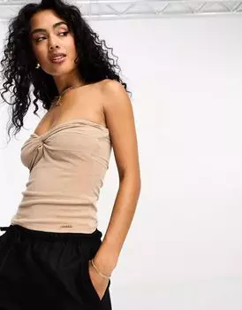 Светло-коричневый топ без бретелек с завязкой спереди River Island