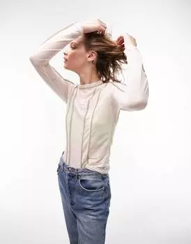 Светло-коричневый топ с длинными рукавами и сетчатым швом Topshop