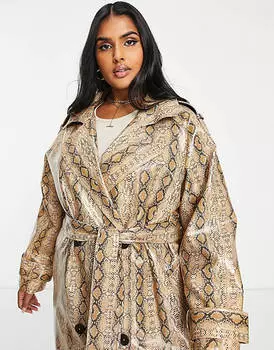 Светло-коричневый тренч со змеиным принтом ASOS DESIGN Curve