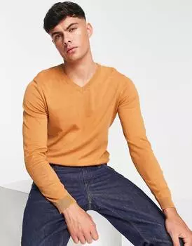 Светло-коричневый трикотажный джемпер с v-образным вырезом из хлопка ASOS DESIGN