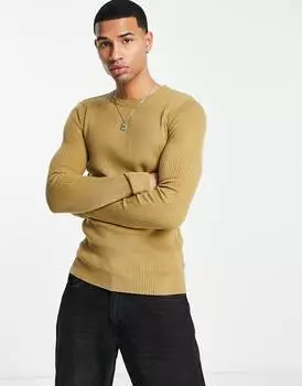 Светло-коричневый трикотажный джемпер в рубчик с круглым вырезом ASOS DESIGN