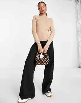 Светло-коричневый вязаный свитер с круглым вырезом и манжетами New Look