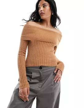 Светло-коричневый вязаный свитер с открытыми плечами из пряжи тедди ASOS DESIGN