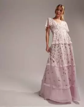 Светло-розовое платье макси с развевающимися рукавами и вышивкой ASOS Bridesmaid