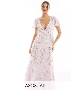 Светло-розовое платье макси с развевающимися рукавами и вышивкой ASOS DESIGN Tall Bridesmaid