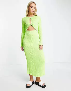 Светло-салатовое платье миди с длинными рукавами и узлом спереди Topshop