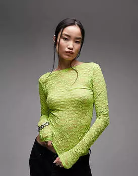 Светло-салатовый кружевной топ с длинными рукавами Topshop