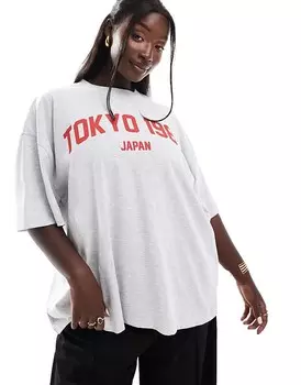 Светло-серая меланжевая футболка оверсайз с принтом ASOS DESIGN Curve "Tokyo"