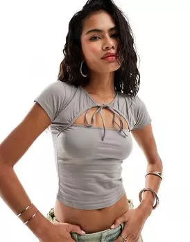 Светло-серая укороченная футболка с завязками и рукавами Motel