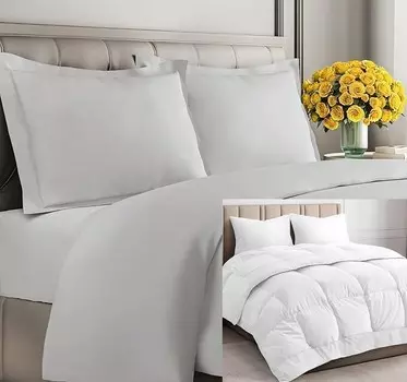 Светло-серое пуховое одеяло CGK Unlimited с одеялом (королевского размера) — очень мягкий пододеяльник с 1 наволочкой — альтернативное белое пуховое одеяло — роскошный постельный комплект