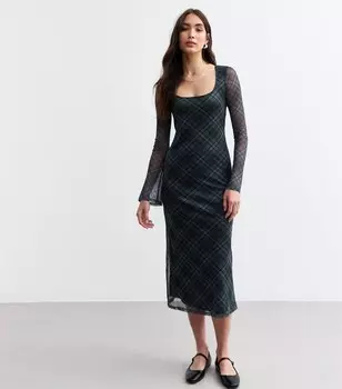 Светло-серое сетчатое платье-миди с длинными рукавами в клетку New Look, светло-серый