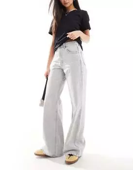 Светло-серые широкие джинсы с высокой посадкой Pull&Bear
