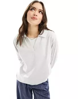 Светло-серый меланжевый топ с длинными рукавами и воротником-поло ASOS