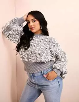 Светло-серый вязаный свитер с украшением и бантом из органзы на спине ASOS LUXE Curve