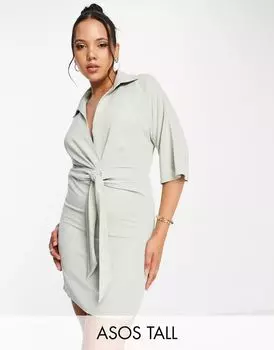 Светло-шалфейное платье мини с воротником и узлом ASOS DESIGN Tall