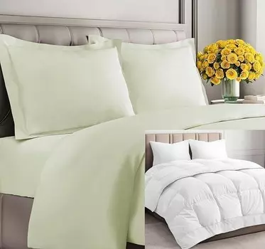 Светло-шалфейное пуховое одеяло CGK Unlimited с одеялом (Cali King) — Очень мягкий пододеяльник с 1 наволочкой — Альтернативное белое пуховое одеяло — Роскошный постельный комплект