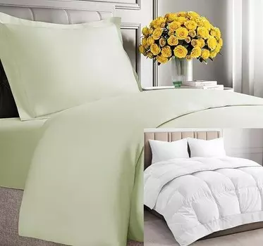 Светло-шалфейное пуховое одеяло CGK Unlimited с одеялом (размер Twin/TXL) — Очень мягкий пододеяльник с 1 наволочкой — Альтернативное белое пуховое одеяло — Роскошный постельный комплект