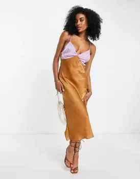 Светло-сиреневое атласное платье миди с завязками на спине ASOS